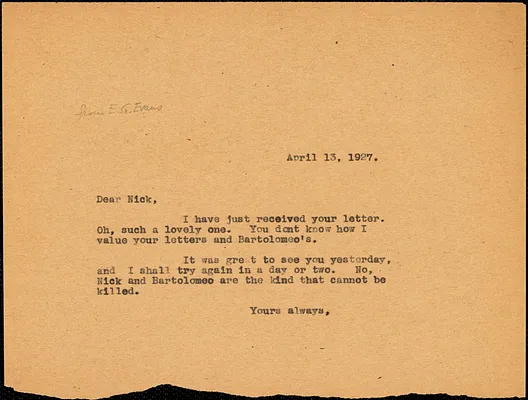 Elizabeth Glendower Evans typed note (copy) to Nicola Sacco, [Boston?], 13 April 1927