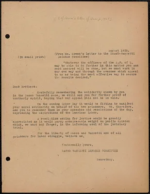 Sacco-Vanzetti Defense Committee typed letter (draft) to the American Federation of Labor, Boston, Mass., August 1925