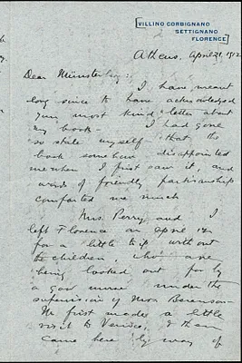 Perry, Ralph Barton, 1876-1957 autograph letter signed to Hugo Münsterberg, Athens, Greece, 21 April 1912