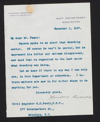 Letter from Theodore Roosevelt, Assistant Secretary of the Navy, to Robert E. Peary, Civil Engineer