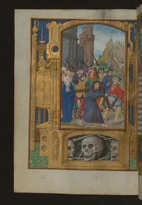 Leaf from Aussem Hours: Prayers on the Sufferings of Christ, Christ Carrying the Cross with Illusionistic Architecture in Margins