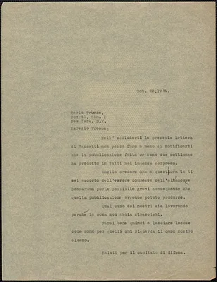 Sacco-Vanzetti Defense Committee typed letter (copy), in Italian, to Carlo Tresca, Boston, Mass., October 25, 1926