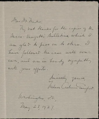 Nelson A. Crawford autograph note signed to [Jeannette] Marks, Washington, D. C., May 23, 1927