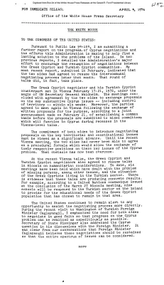 President's Letter to Congress Submitting a report on the progress of Cyprus negotiations
