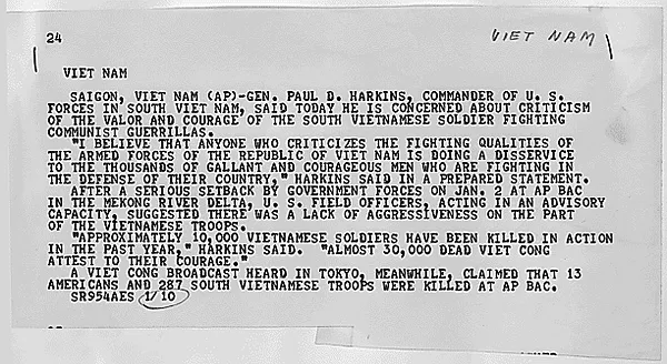 Associated Press wire on statement by General Paul D. Harkins