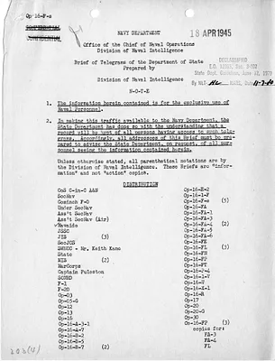 Brief of Telegrams of the Department of State, Prepared by Division of Naval Intelligence