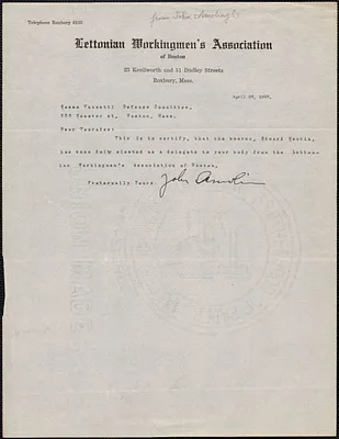John [Amoling?] (Lettonian Workingmen's Association) typed note signed to Sacco-Vanzetti Defense Committee, Boston, Mass., April 26, 1927