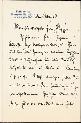Bernstorff, Johann Heinrich, Graf von, 1862-1939 autograph letter signed to Hugo Münsterberg, Washington, D.C., 01 May 1910