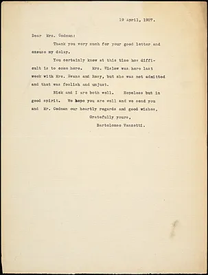 Bartolomeo Vanzetti typed note (copy) to Katherine B. Codman, [Dedham], 19 April 1927