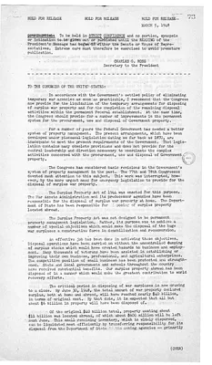 White House Press Release, Message from President Harry S. Truman to the United States Congress