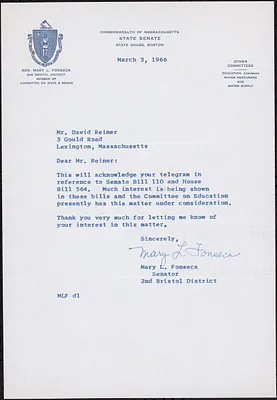 Acknowledgement from Senator Mary L. Fonseca to telegram in reference to Senate Bill 110 and House Bill 564