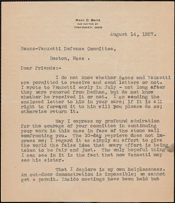 Mary D. Brite typed letter signed to Sacco-Vanzetti Defense Committee, Cincinnati, Ohio, August 14, 1927