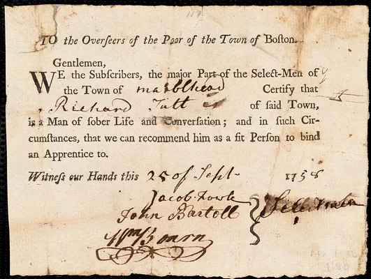 Richard Bowers indentured to apprentice with Richard Tutt of Marblehead, 2 October 1758