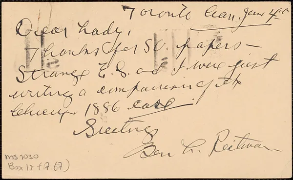 Ben L. Reitman autograph note signed (postcard) to Jeannette Marks, Toronto, Canada, June 4, 1927