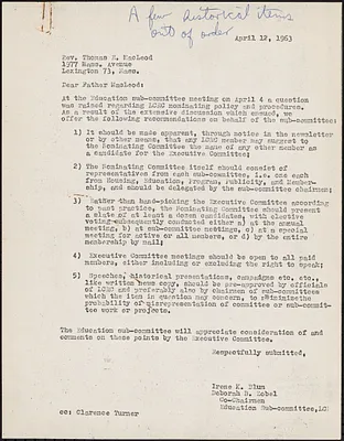 Letter from Irene K. Blum and Deborah B. Zobel to Father MacLeod about LCRC nominating policy and procedures