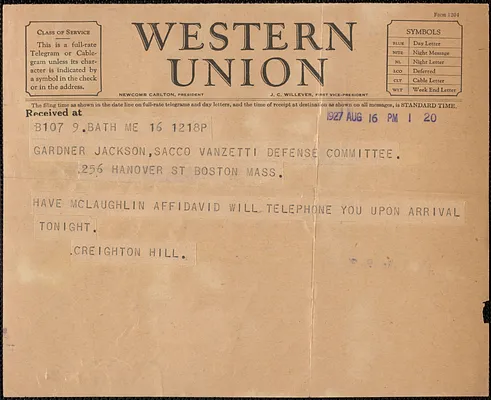 Creighton Hill telegram to Gardner Jackson, Bath, Me., August 16, 1927