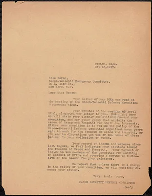 Sacco-Vanzetti Defense Committee typed letter (copy) to Rose Baron (Sacco-Vanzetti Emergency Committee), Boston, Mass., May 13, 1927