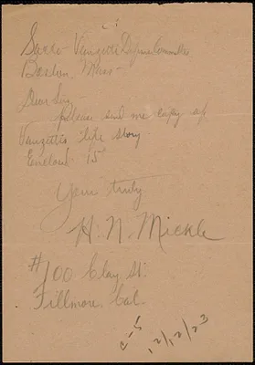 H. N. Mickle autograph note signed to Sacco-Vanzetti Defense Committee, Fillmore, Calif., October 26, 1923