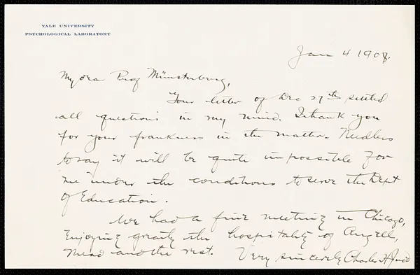Judd, Charles Hubbard, 1873-1946 autograph letter signed to Hugo Münsterberg, New Haven, Conn., 04 January 1908
