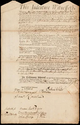 Hannah Snow indentured to apprentice with Joshuah [Joshua] Winter of Boston, 2 January 1752