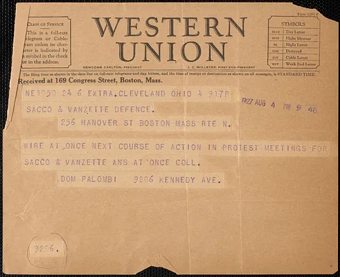 Dominic Palombi telegram to Sacco-Vanzetti Defense Committee, Cleveland, Ohio, August 4, 1927