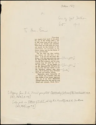 Nicola Sacco printed extract to Elizabeth Glendower Evans, [Dedham, October 1923]