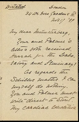 James, William, 1842-1910 autograph letter signed to Hugo Münsterberg, London, 17 November 1899