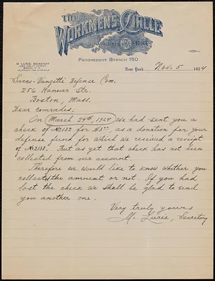 M. Lurie (Workmen's Circle) autograph letter signed to Sacco-Vanzetti Defense Committee, Bronx, N.Y., November 5, 1924