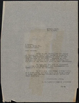 Joseph Moro (Sacco-Vanzetti Defense Committee) typed letter (copy) to H. Carter, Boston, Mass., May 3, 1927