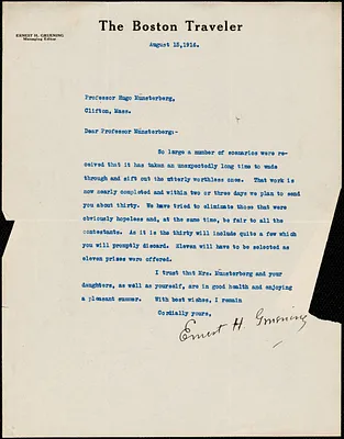 Gruening, Ernest, 1887-1974 typed letter signed to Hugo Münsterberg, Boston, 15 August 1916