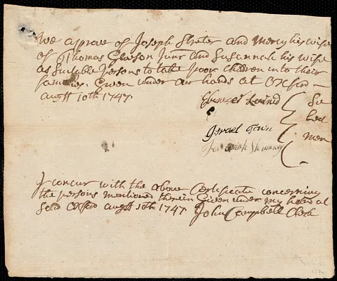Susanna Sloper indentured to apprentice with Joseph Streeter [Streter] of Oxford, 31 August 1747