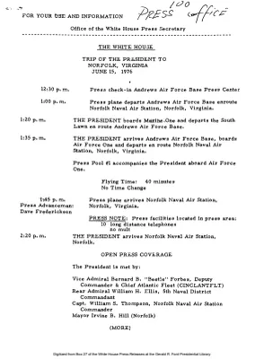 Trip of the President to Norfolk, Virginia, June 15, 1976 (with press notes) [Schedule]