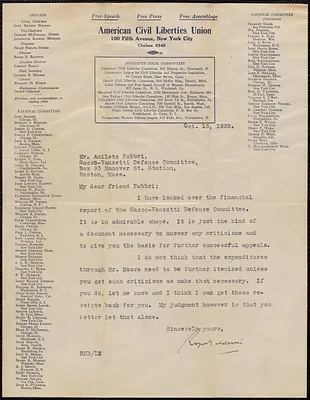 Roger N. Baldwin (American Civil Liberties Union) typed note signed to Amleto Fabbri. New York, N.Y., October 15, 1925