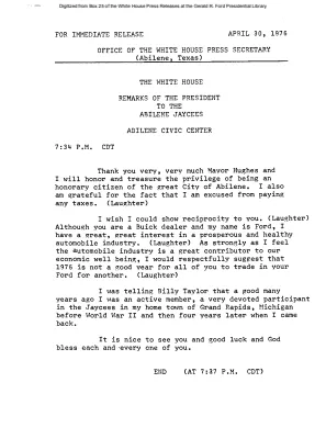 Remarks of the President to the Abilene Jaycees, Abilene Civic Center [Ford Speech or Statement]