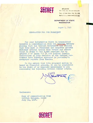 Memorandum from Secretary of State George Marshall to President Harry S. Truman, with Attachment