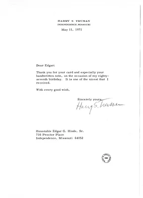 Letter from Harry S. Truman to Edgar Hinde