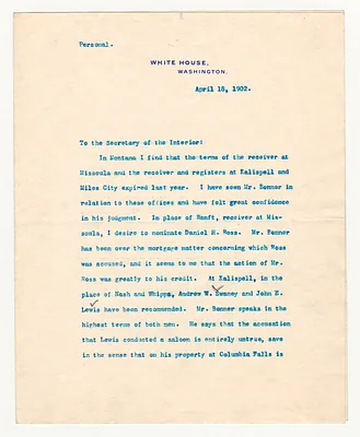 Letter from President Theodore Roosevelt to Secretary of the Interior E. A. Hitchcock