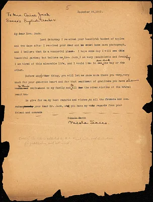 Nicola Sacco typed letter (copy) to Mrs. Cerise Jack, [Dedham], 29 December 1922