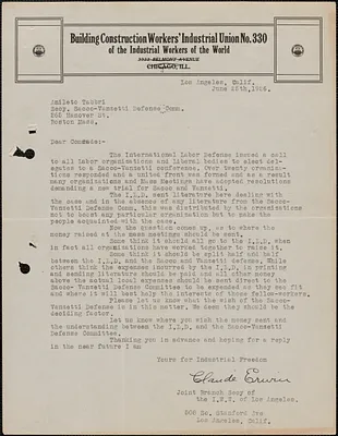 Erwin Claude (Building Construction Workers Industrial Union No. 330) typed letter signed to Amleto Fabbri, Los Angeles, Calif., June 25, 1926