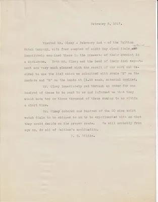 Other, Report of Visit, Waltham Watch Company, February 3, 1917