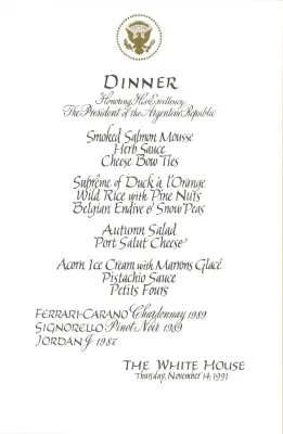 Cards-Menus, Dinner, Honoring His Excellency The President of the Argentine Republic, The White House, November 14, 1991
