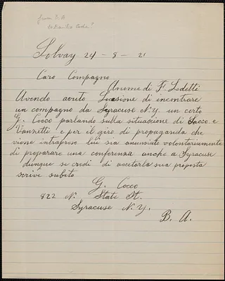 B. A. autograph letter signed, in Italian, to [Emilio Coda?], Solvay, N. J., August 24, 1921