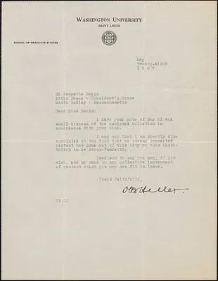 Otto Heller typed letter signed to Jeannette Marks, St. Louis, Mo., May 28, 1927
