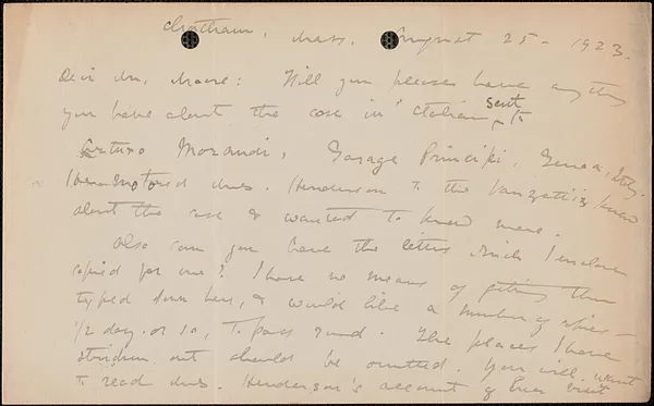 Elizabeth G[lendower] Evans autograph letter signed to [Fred H. Moore], Chatham, Mass., August 25, 1923