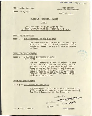 Agenda of the One Hundred and Ninth Meeting of the National Security Council