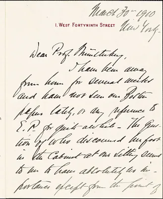 Dodd, George B., fl. 1910 autograph letter signed to Hugo Münsterberg, New York, 30 March 1910