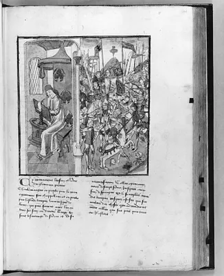 Leaf from Chroniques des Rois de France: Einhard Writing the Life of Charlemagne (Left) and Charlemagne in Battle (Right)