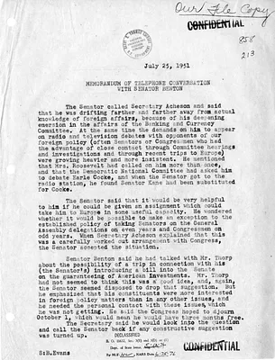 Memorandum of Telephone Conversation with Secretary of State Dean Acheson and Senator William Benton
