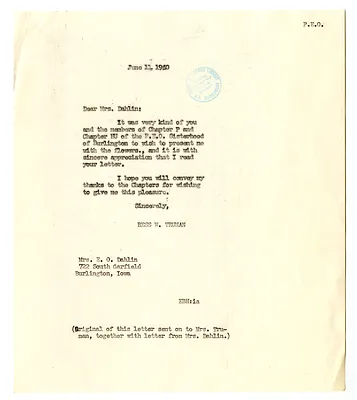 Letter from Bess W. Truman to Mrs. E. O. Dahlin