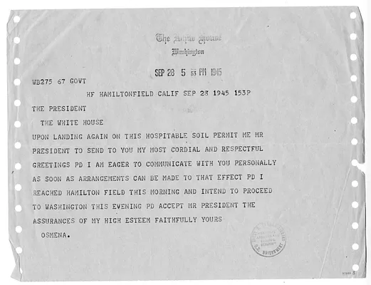 Telegram from President of the Philippines Sergio Osmena to President Harry S. Truman